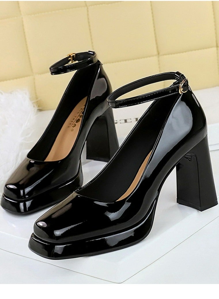 BIGTREE Womens Platform Chunky High Heel Square Closed Toe Ankle Strap Pumps Black - Image 1