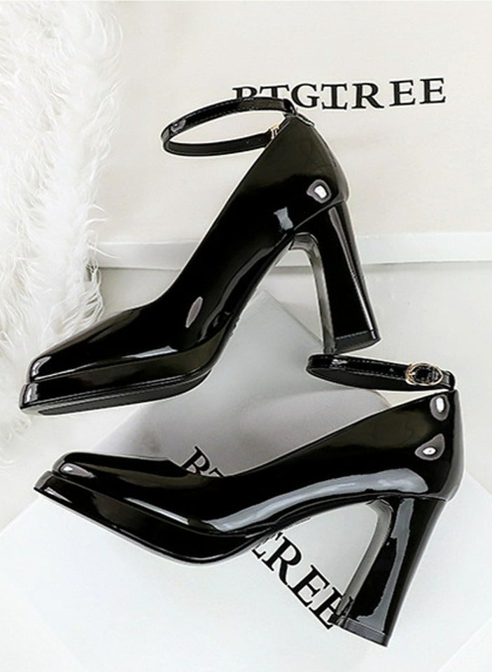 BIGTREE Womens Platform Chunky High Heel Square Closed Toe Ankle Strap Pumps Black - Image 3