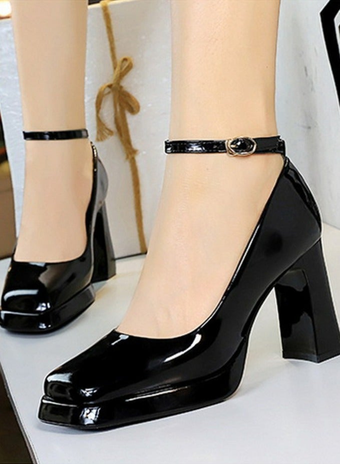 BIGTREE Womens Platform Chunky High Heel Square Closed Toe Ankle Strap Pumps Black - Image 4