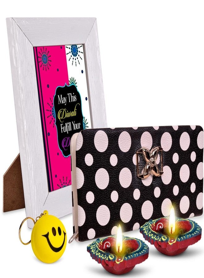Alwaysgift May This Diwali Fulfill Your Dreams 2 Diyas, Ladies Wallet, Smiley Keychain, & Quotation Photo Frame Gift Set - Image 1