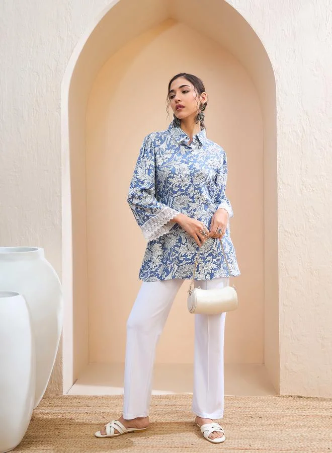 SASSAFRAS SASSAFRAS Blue Floral Buttonned Collar Neck Kurti