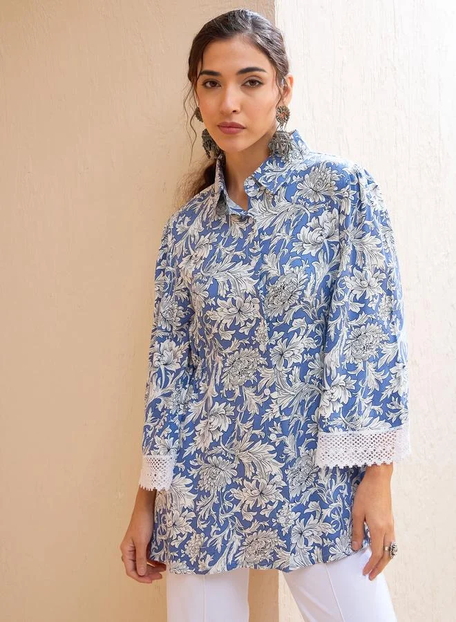 SASSAFRAS SASSAFRAS Blue Floral Buttonned Collar Neck Kurti