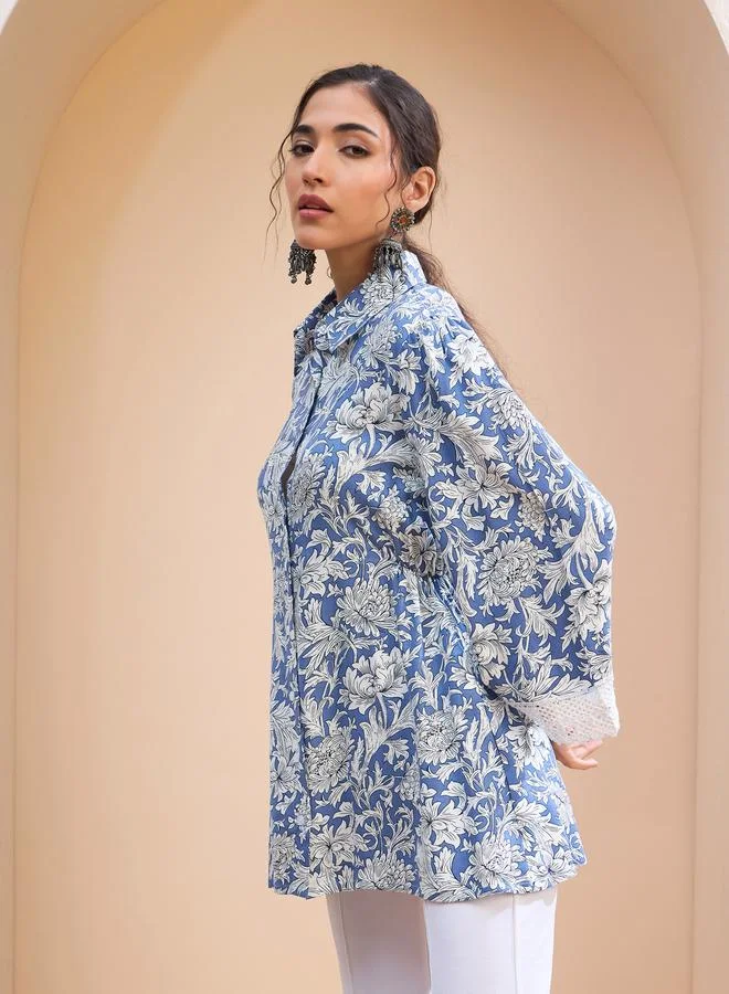 SASSAFRAS SASSAFRAS Blue Floral Buttonned Collar Neck Kurti
