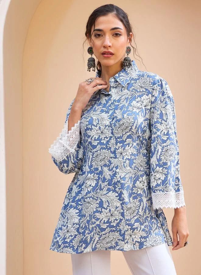 SASSAFRAS SASSAFRAS Blue Floral Buttonned Collar Neck Kurti