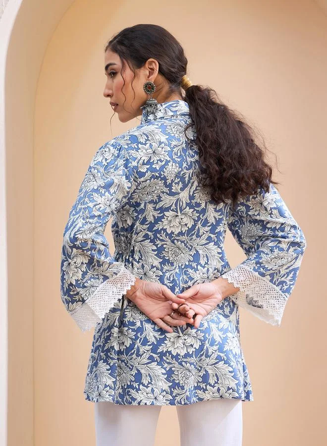 SASSAFRAS SASSAFRAS Blue Floral Buttonned Collar Neck Kurti