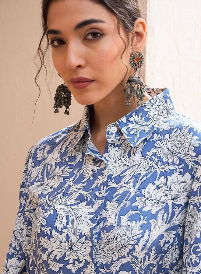 SASSAFRAS SASSAFRAS Blue Floral Buttonned Collar Neck Kurti