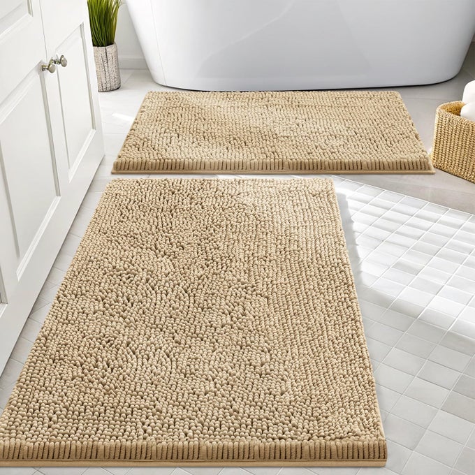 BATHROOM RUGS SETS 2 PIECE SOFT ABSORBENT CHENILLE MACHINE WASHABLE NON SLIP SHAGGY BATH RUG SET FOR TUB SHOWER AND FLOOR 30X2024X16 BEIGE