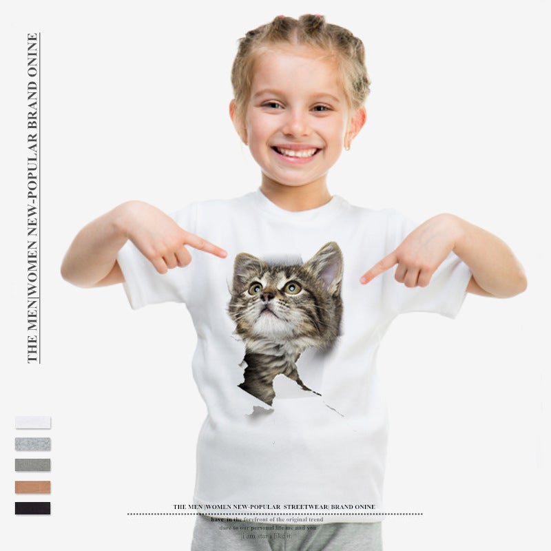 Summer Kidsren'S Round Neck Short-Sleeved Creative Broken Cat Print T-Shirt Style Drop Shipping - Image 4