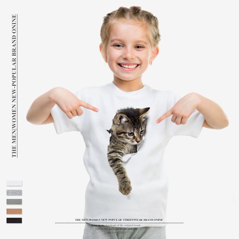 Summer Kidsren'S Round Neck Short-Sleeved Creative Broken Cat Print T-Shirt Style Drop Shipping - Image 2