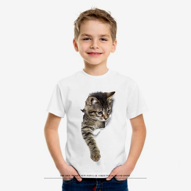Summer Kidsren'S Round Neck Short-Sleeved Creative Broken Cat Print T-Shirt Style Drop Shipping - Image 3