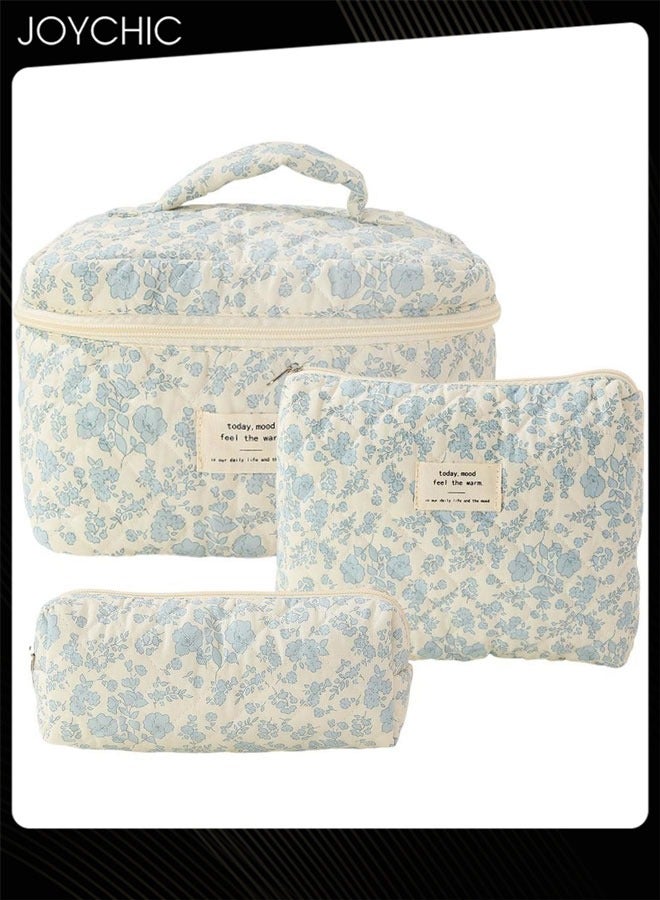 Joychic 3 Piece Large Capacity Travel Cosmetic Bag Cotton Quilted Makeup Bag Flower Pattern Makeup Bag Floral Toiletry Bag for Women - Image 1