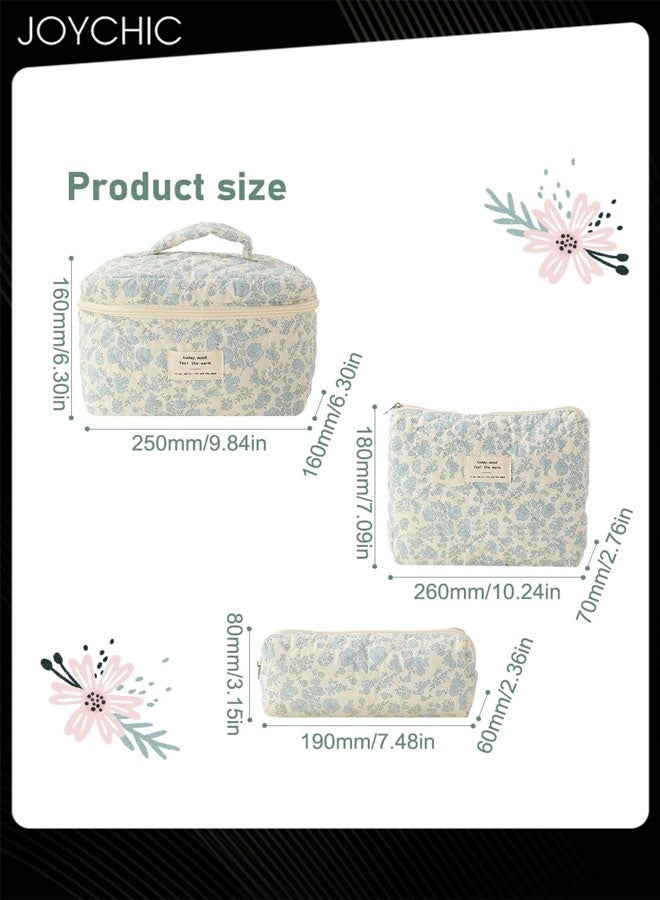 Joychic 3 Piece Large Capacity Travel Cosmetic Bag Cotton Quilted Makeup Bag Flower Pattern Makeup Bag Floral Toiletry Bag for Women - Image 5
