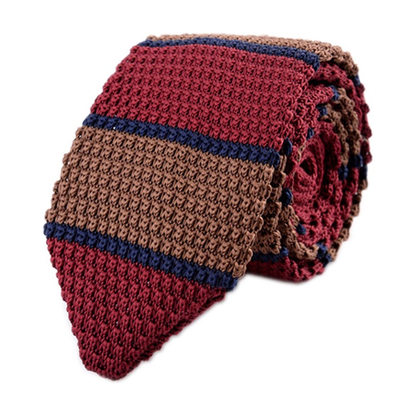 Secdtie Men's Preppy Wide Stripe Navy Blue Red Brown Knitted Tie Necktie 015