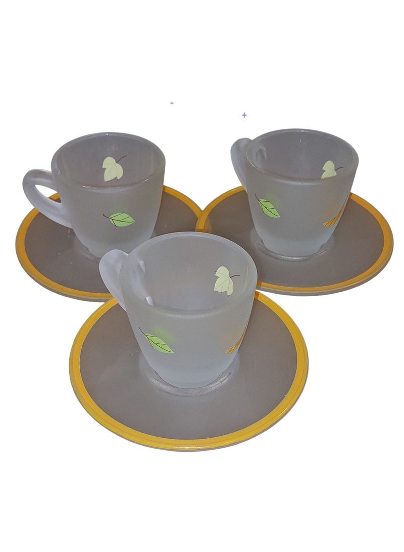 Set of 3 Coffee cup mugs with Saucers glass