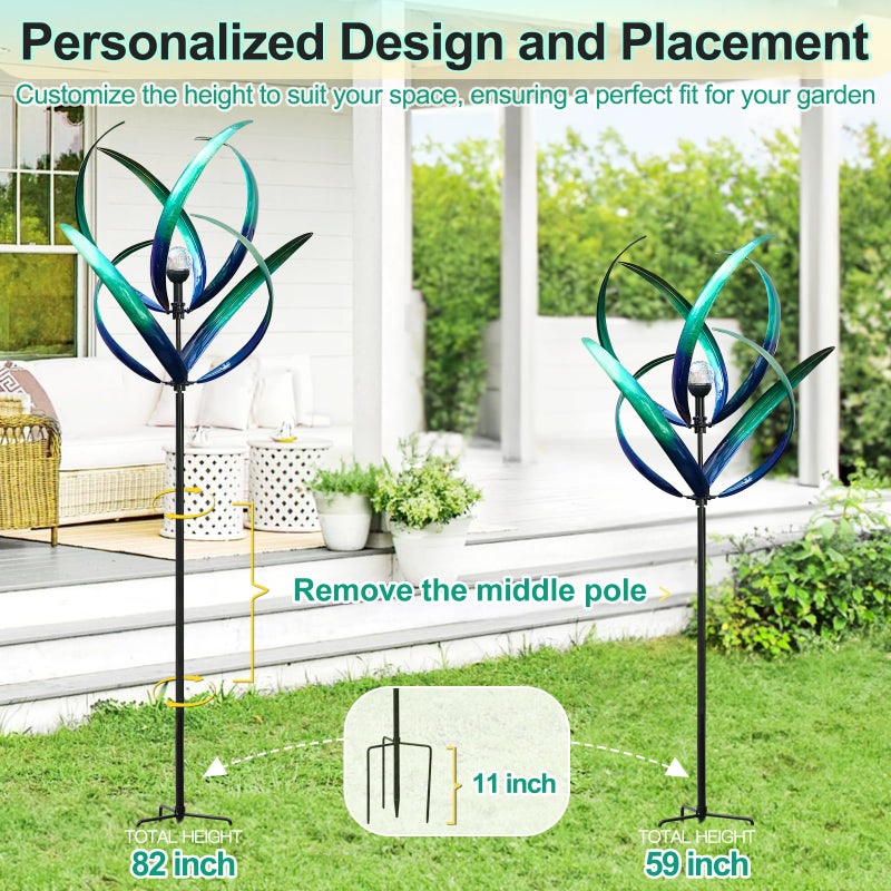Lariander Outdoor Wind Spinners with Solar Light, 82'' Metal Large Spinner Yard Art, Peacock Blue Wind Sculptures for Garden Lawn Patio, Gifts for Family - Image 4