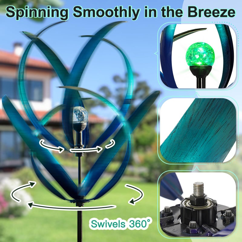 Lariander Outdoor Wind Spinners with Solar Light, 82'' Metal Large Spinner Yard Art, Peacock Blue Wind Sculptures for Garden Lawn Patio, Gifts for Family - Image 3