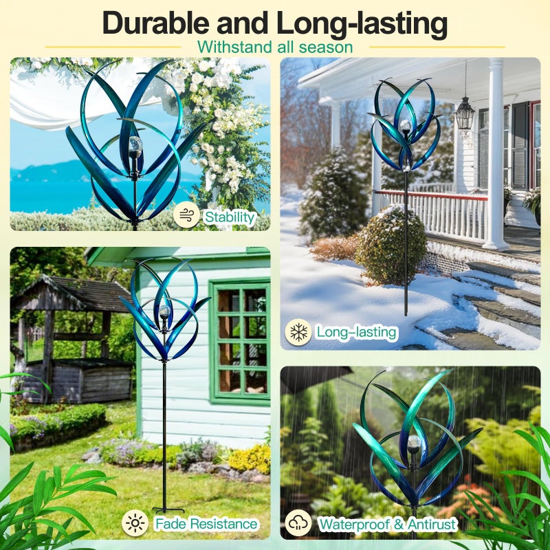 Lariander Outdoor Wind Spinners with Solar Light, 82'' Metal Large Spinner Yard Art, Peacock Blue Wind Sculptures for Garden Lawn Patio, Gifts for Family - Image 5