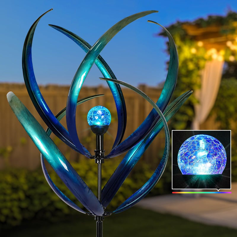 Lariander Outdoor Wind Spinners with Solar Light, 82'' Metal Large Spinner Yard Art, Peacock Blue Wind Sculptures for Garden Lawn Patio, Gifts for Family - Image 1