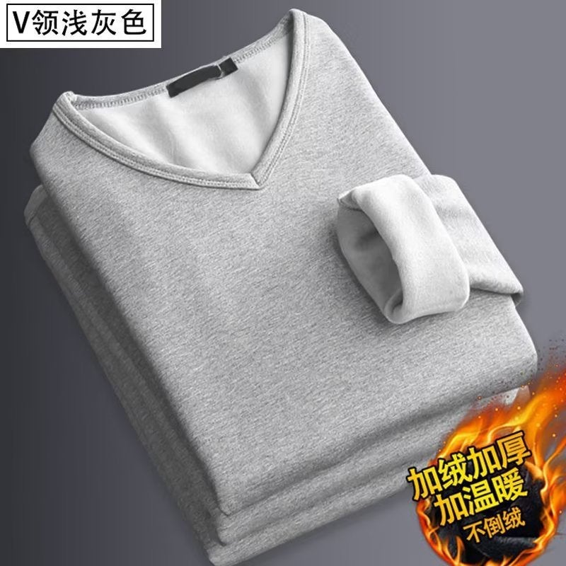 ملابس داخلية حرارية للرجال لفصل الخريف والشتاء مبطنة بالفleece سميكة ملابس خريفية يمكن للشباب ارتداؤها بلوزة واحدة بحجم زائد قميص أساسي للتجارة الخارجية - Image 4