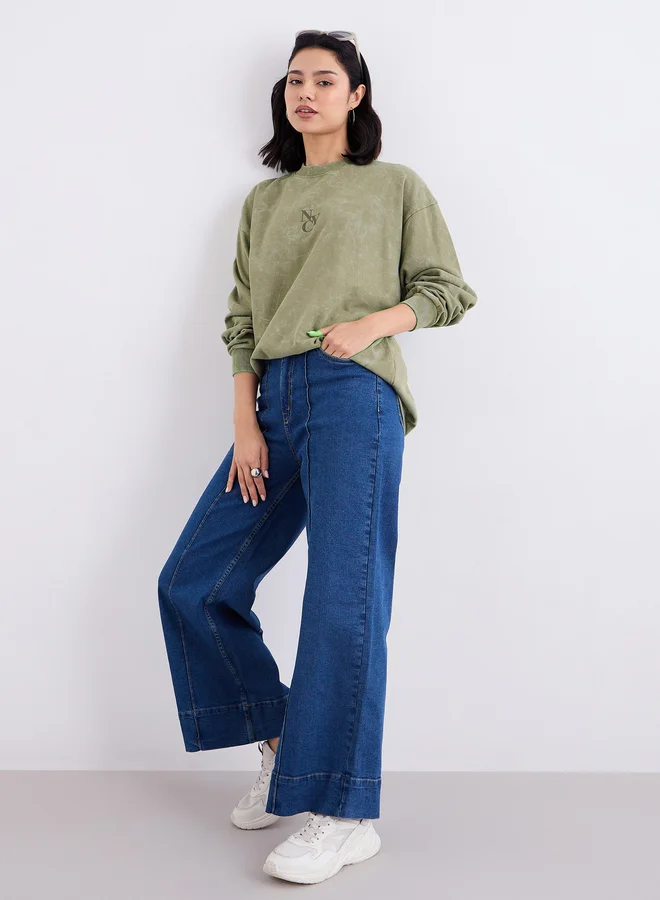 Styli Styli Olive Green Slogan Print Longline Sweatshirt