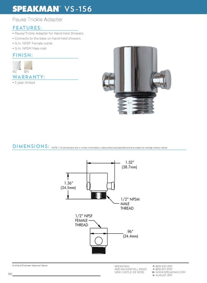سبيكمان محول إيقاف مؤقت وتنقيط Speakman VS-156-BN لرأس الدش المحمول - Image 3