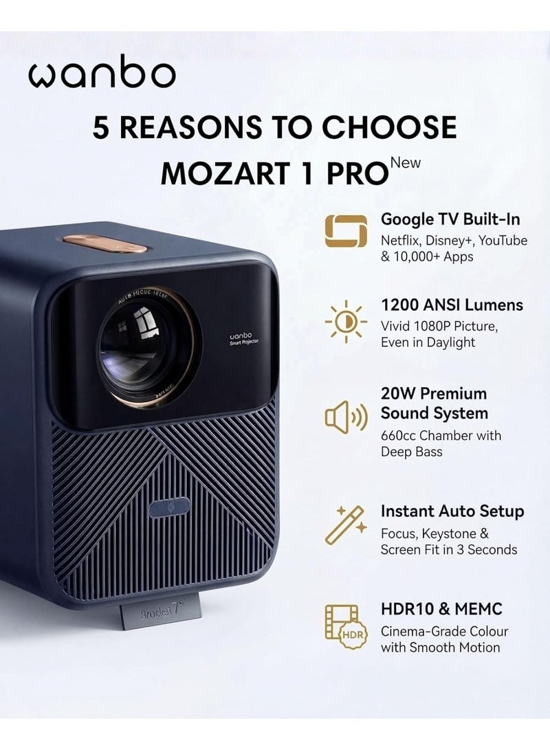 wanbo Mozart 1 Pro (2025) 4K Smart Projector | 1200 ANSI Lumens | Google TV 11 | Auto Focus & Keystone | HDR10 VRR MEMC | WiFi Bluetooth 5.0 | Netflix Home Outdoor Cinema (Gimbal stand sold separately) Mozart 1 Pro 2025 blue - Image 3
