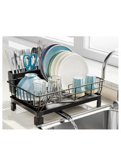 Small Dish Drying Rack in Sink - Kitchen Counter Dish Rack for RV Small Kitchen, 14.9" x 10.1" Dish Drainer with Drainboard, Utensil Holder, Dish Holder for Sink, Black