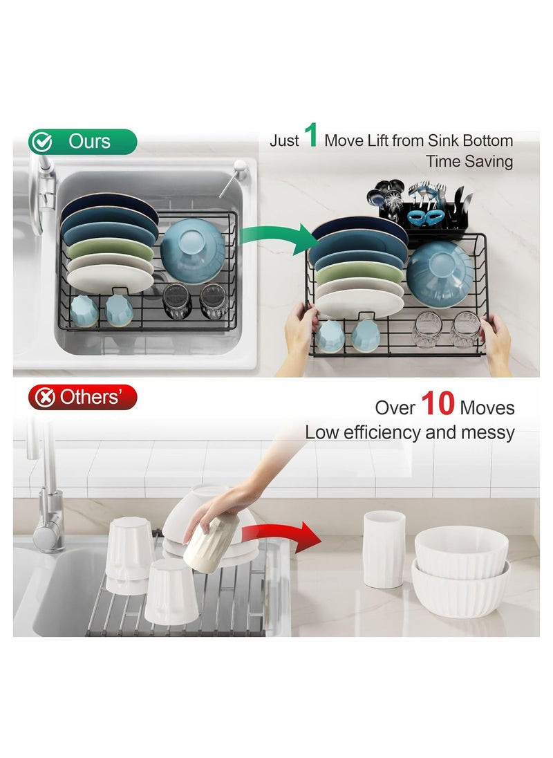 ZIMNEST - Small Dish Drying Rack in Sink - Kitchen Counter Dish Rack for RV Small Kitchen, 14.9" x 10.1" Dish Drainer with Drainboard, Utensil Holder, Dish Holder for Sink, Black - Image 1