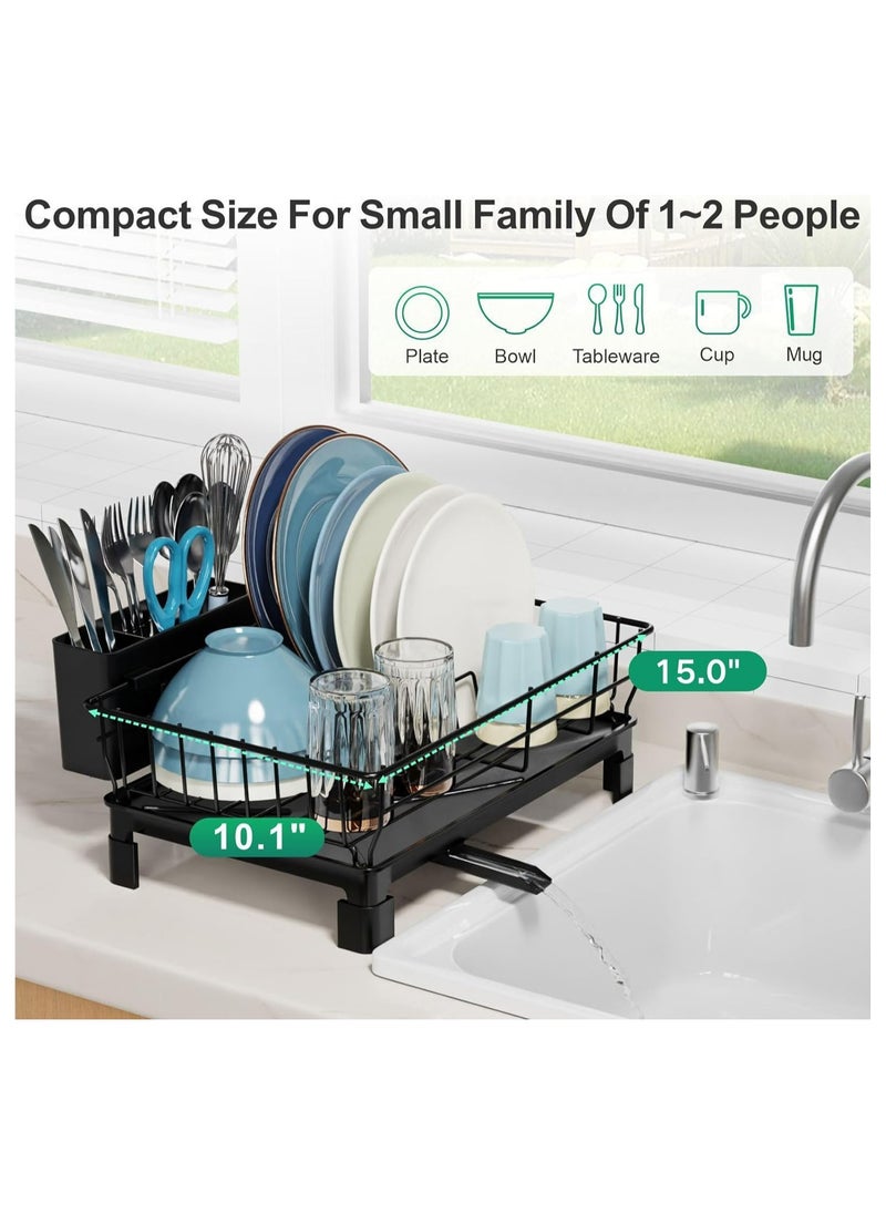 ZIMNEST - Small Dish Drying Rack in Sink - Kitchen Counter Dish Rack for RV Small Kitchen, 14.9" x 10.1" Dish Drainer with Drainboard, Utensil Holder, Dish Holder for Sink, Black - Image 1