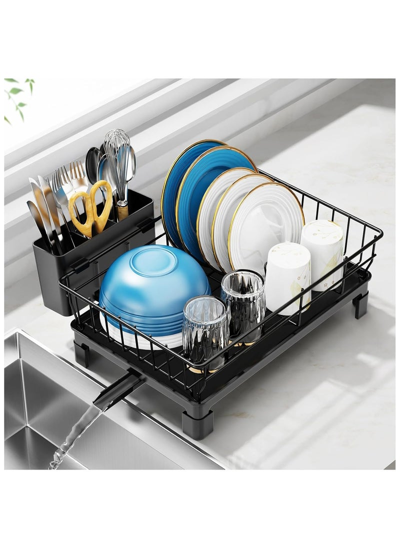 ZIMNEST - Small Dish Drying Rack in Sink - Kitchen Counter Dish Rack for RV Small Kitchen, 14.9" x 10.1" Dish Drainer with Drainboard, Utensil Holder, Dish Holder for Sink, Black - Image 1