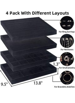 PADOM Padom Stackable Velvet Jewelry Trays Organizer, Jewelry Storage Display Trays for Drawer, Earring Necklace Bracelet Ring Organizer (Set of 4 Black)  - Image 4