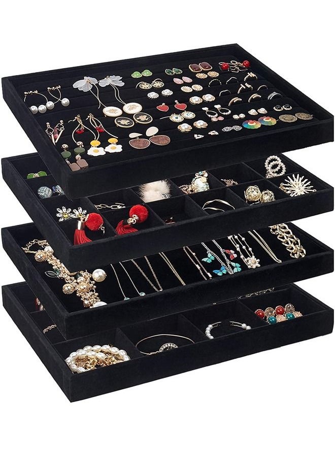 PADOM Padom Stackable Velvet Jewelry Trays Organizer, Jewelry Storage Display Trays for Drawer, Earring Necklace Bracelet Ring Organizer (Set of 4 Black)  - Image 1