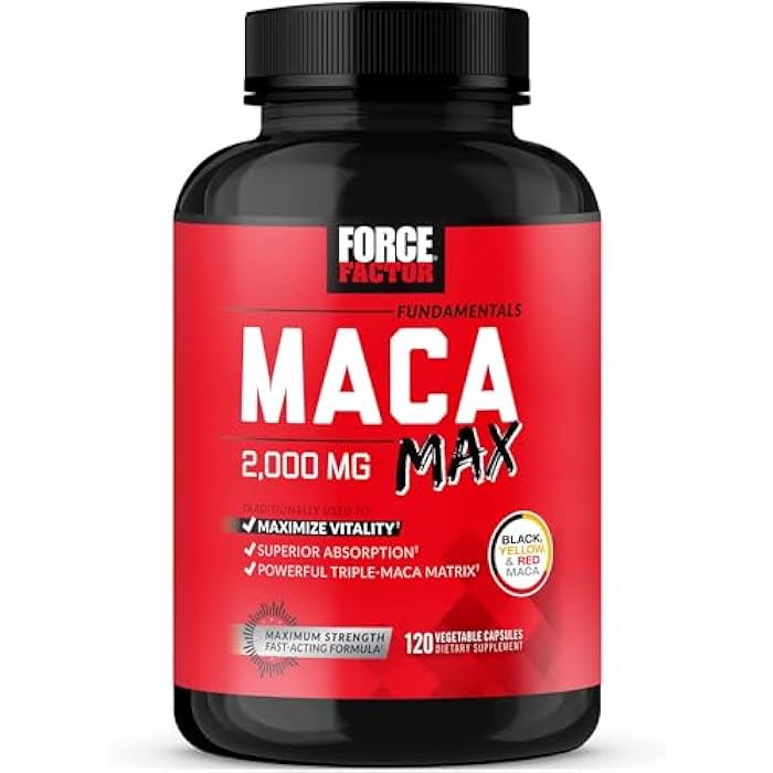 Force Factor فورس فاكتور ماكا ماكس، كبسولات جذر الماكا لتعزيز الحيوية والأداء، مصنوعة من ماكا السوداء، ماكا الحمراء، وماكا الصفراء، مسحوق جذر الماكا، 2000 ملغ، 120 كبسولة - Image 1