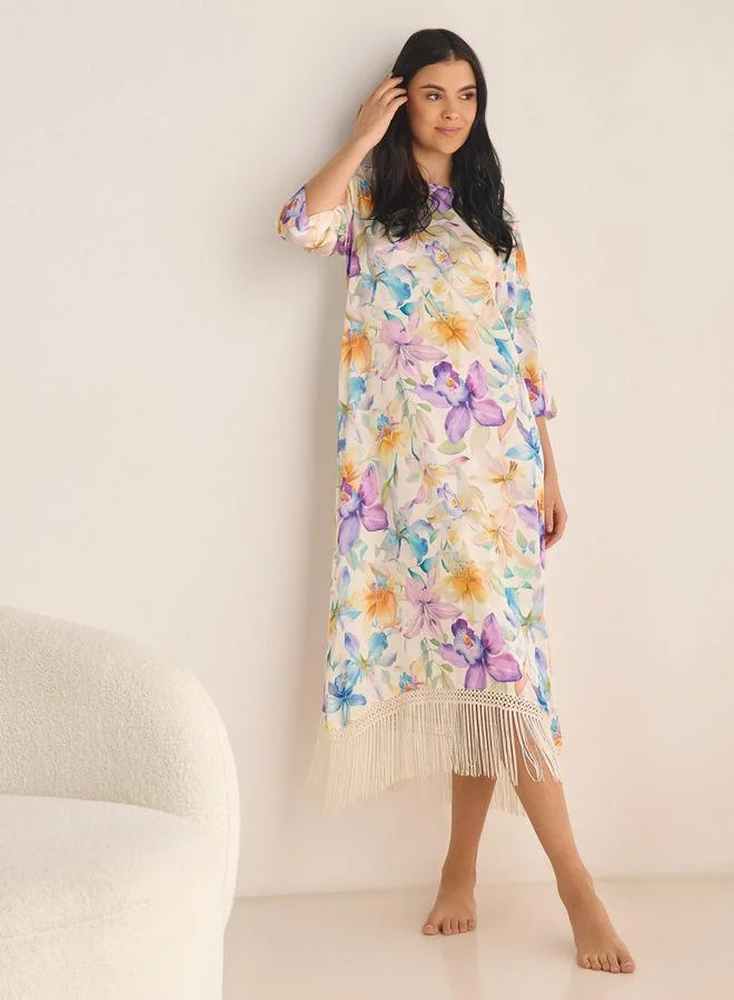 Splash FAV Floral Print Night Gown with 3/4 Sleeves and Fringe Detail