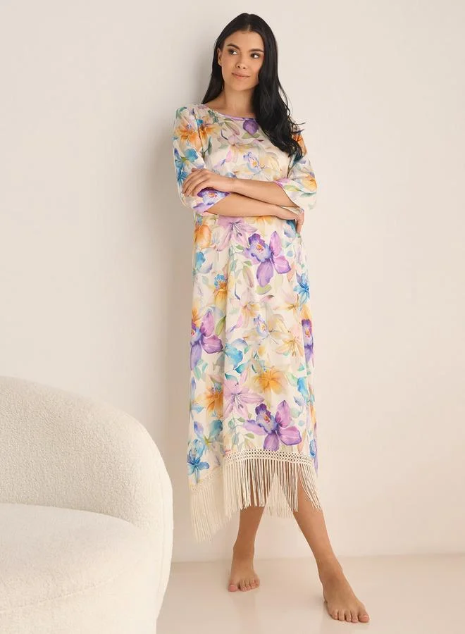 Splash FAV Floral Print Night Gown with 3/4 Sleeves and Fringe Detail