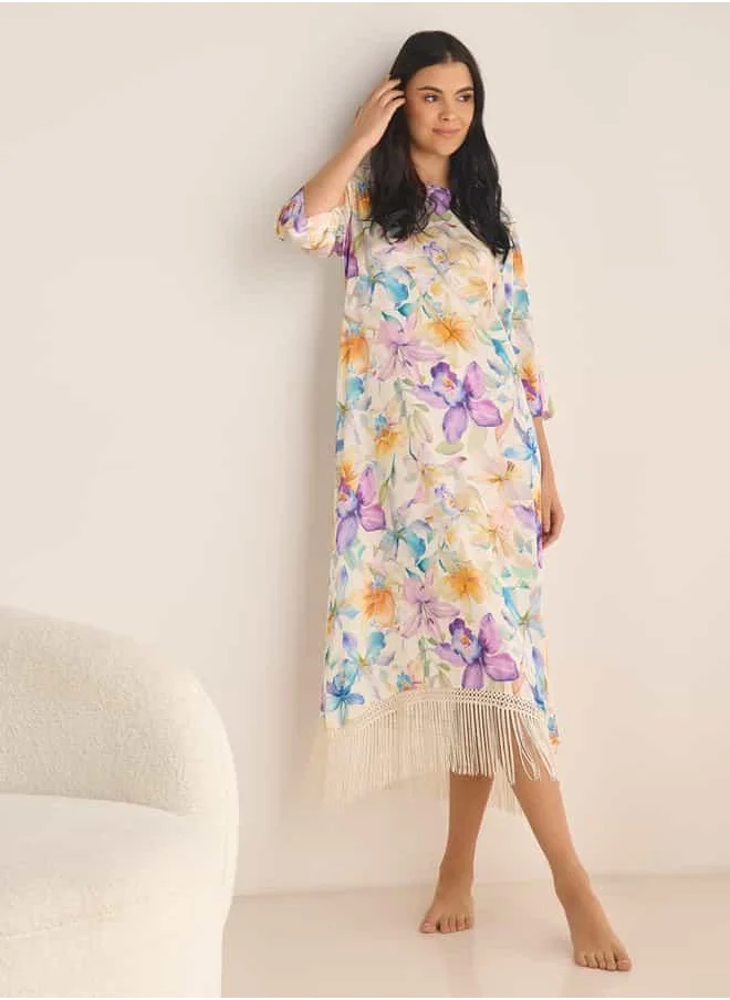 FAV Floral Print Night Gown with 3/4 Sleeves and Fringe Detail