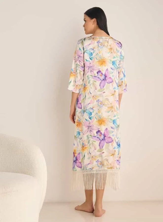 Splash FAV Floral Print Night Gown with 3/4 Sleeves and Fringe Detail