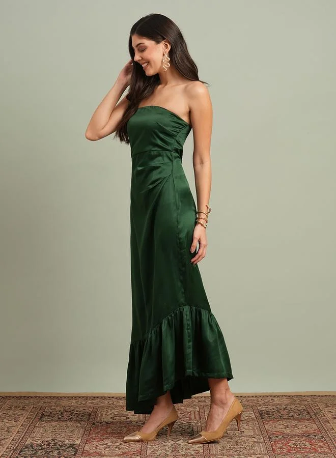 globus Green Solid Bandeau Neck Ruffle Hem Maxi Dress