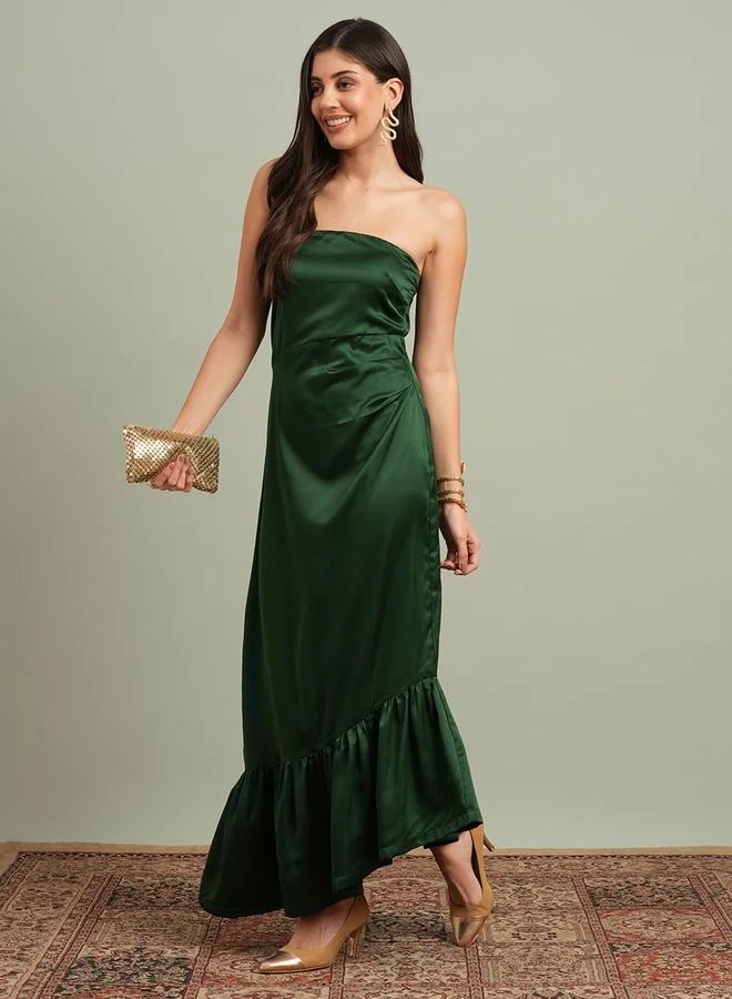 globus Green Solid Bandeau Neck Ruffle Hem Maxi Dress