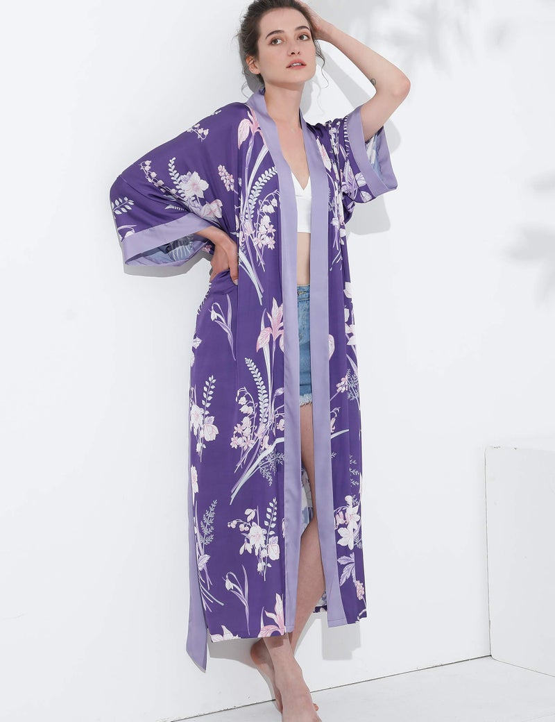Aensso long lightweight soft silky robes for women,floral bridal bridesmaid summer kimonos robe-Purple - Image 4