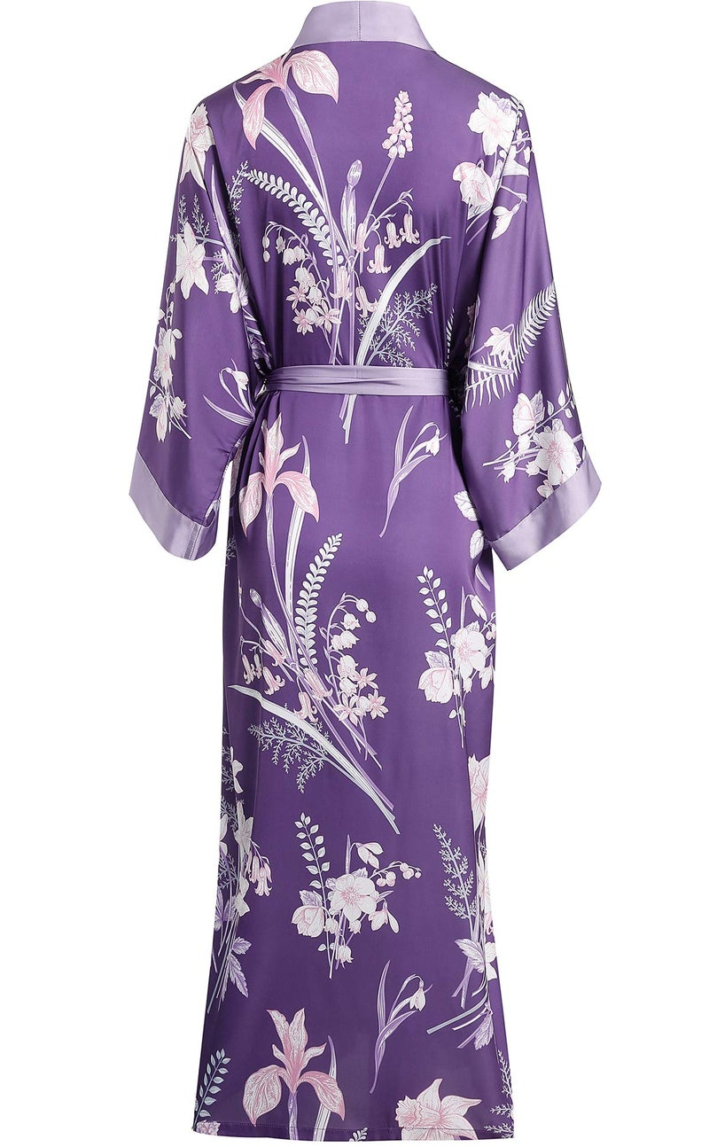 Aensso long lightweight soft silky robes for women,floral bridal bridesmaid summer kimonos robe-Purple - Image 2