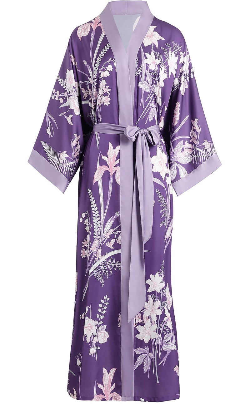 Aensso long lightweight soft silky robes for women,floral bridal bridesmaid summer kimonos robe-Purple - Image 1