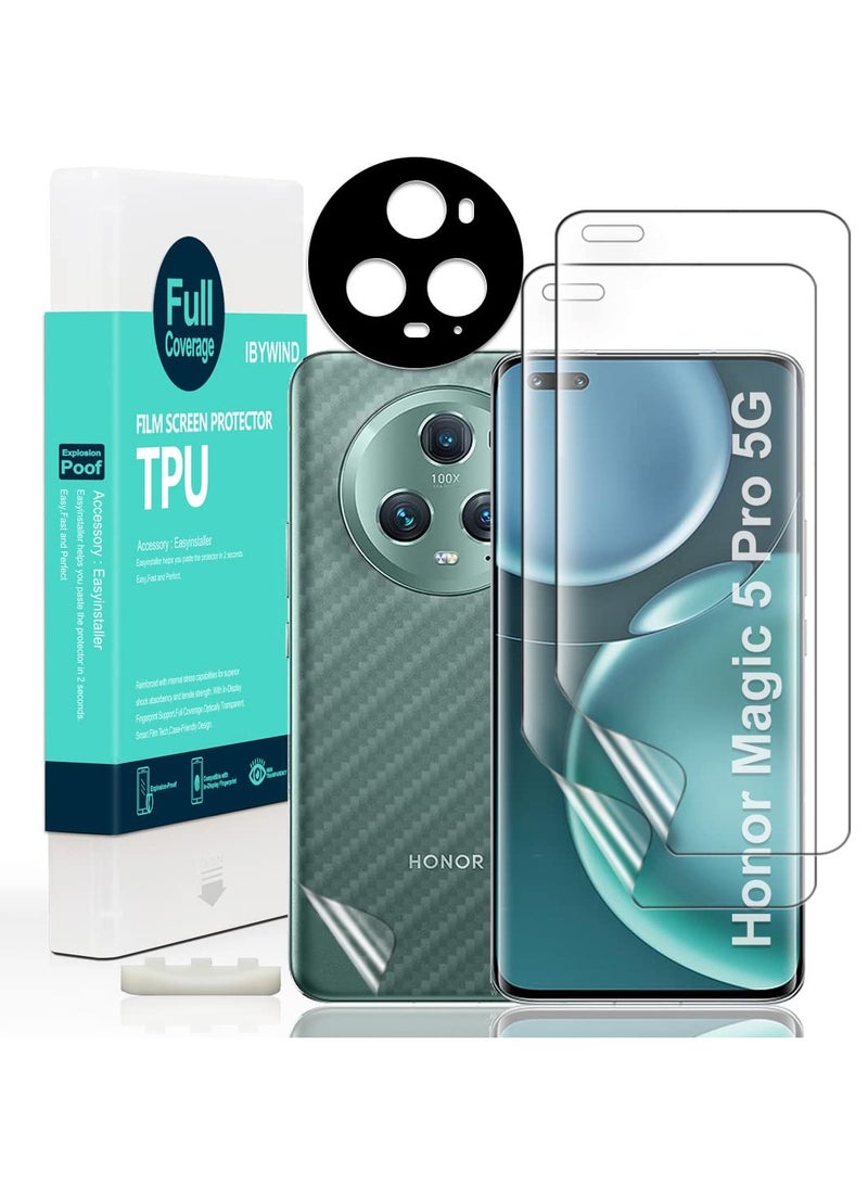 ايبيويند واقي شاشة لهاتف Honor Magic 5 Pro 5G 6.81 بوصة مع قطعتين من واقي عدسة الكاميرا المرن من مادة TPU وقطعة واحدة من فيلم ألياف الكربون الداعم وقارئ بصمات الأصابع سهل التركيب - Image 1