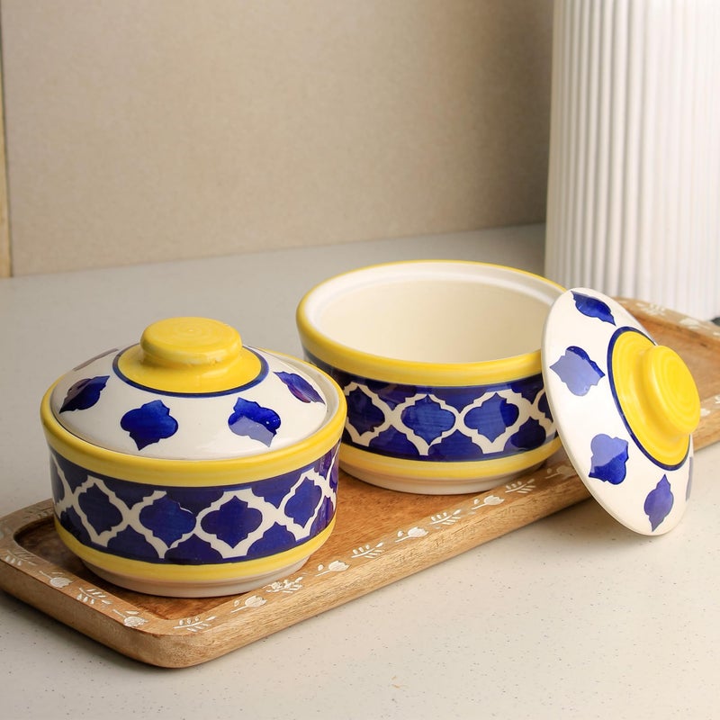 The Earth Store متجر الأرض - مجموعة دونغا الخزف متعددة الاستخدامات باللونين الأصفر والأزرق من المغرب، مجموعة من 2، 500 مل أطباق تقديم مع أغطية | مجموعة دونغا مع غطاء للمطبخ | مثالية للهدايا، للاستخدام اليومي، لأي مناسبة - Image 4