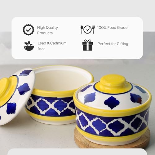 The Earth Store متجر الأرض - مجموعة دونغا الخزف متعددة الاستخدامات باللونين الأصفر والأزرق من المغرب، مجموعة من 2، 500 مل أطباق تقديم مع أغطية | مجموعة دونغا مع غطاء للمطبخ | مثالية للهدايا، للاستخدام اليومي، لأي مناسبة - Image 2