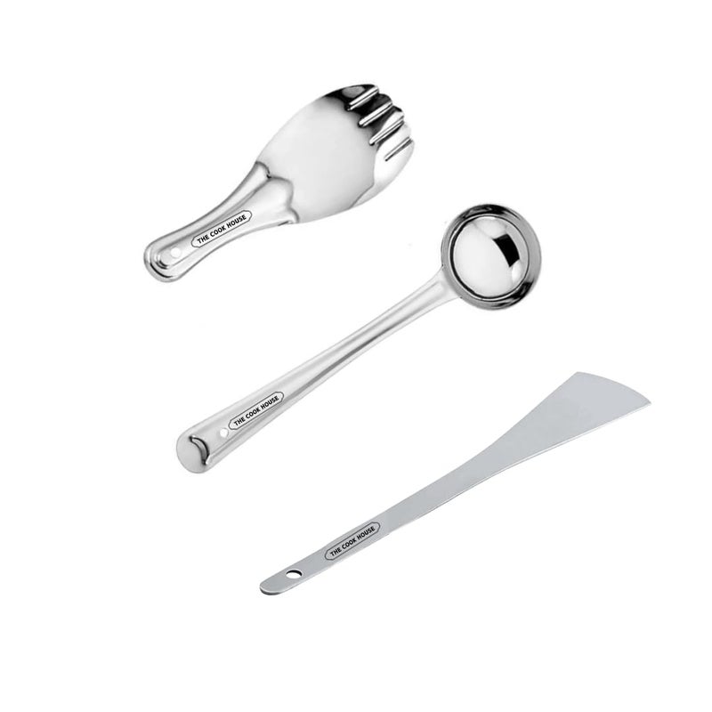 Stainless Steel Kitchen Tools LadleKarchhi Rice Spoon SkimmerJhara Slotted TurnerSpatulaPalta for Cooking Frying Serving Rice Turning Dosa Set of 3  - Image 1