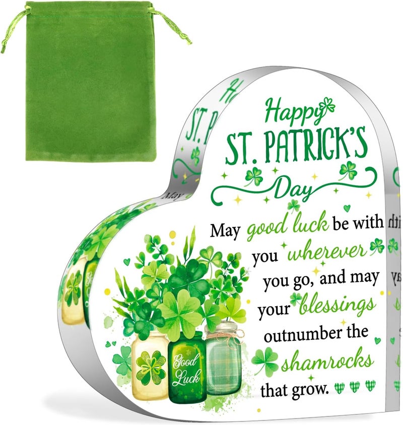 HOWAF St Patrick's Day Gifts Keepsake with Bags, Irish Blessing Four Leaf Clover Acrylic Plaque Sign for Bestie Friends Colleague Gifts, Irish Green Festival Gifts Desk Sign Lucky Clover Gift Keepsake - Image 1