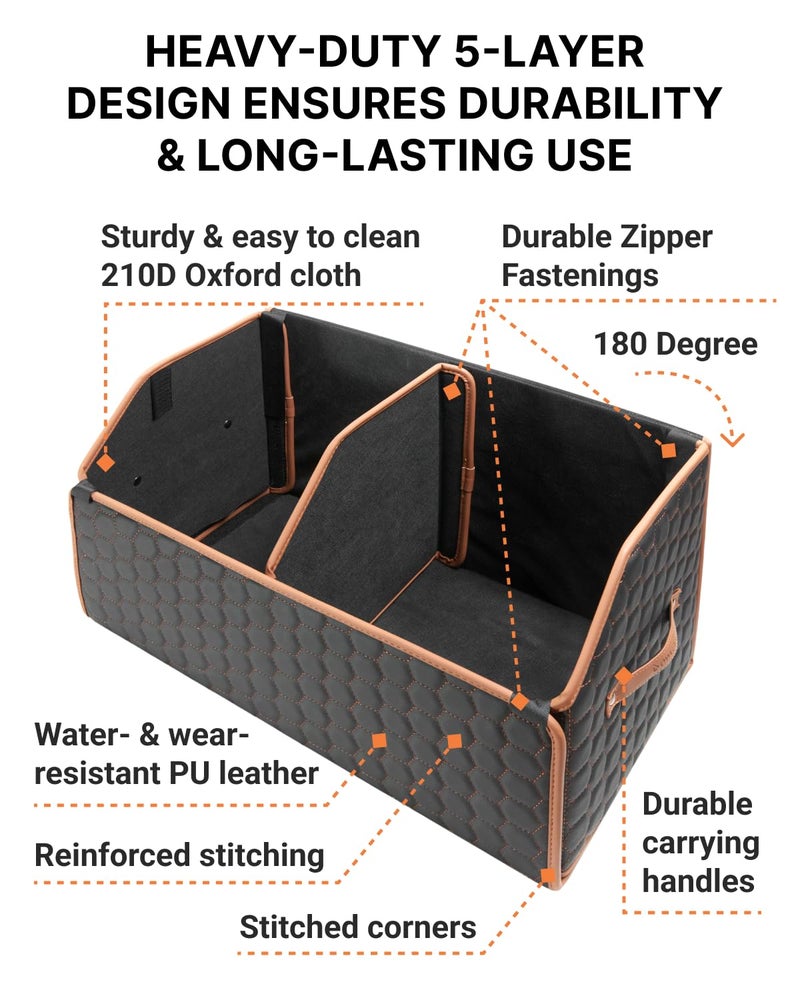 Owleys Sedan Trunk Organizer 17.7" Storage Tote For Groceries, Tools & Travel Gear - Foldable Eco-Leather Car Crate With Magnetic Lid | Stylish Presents For Drivers | Black-Brown (Hexy 17) - Image 2