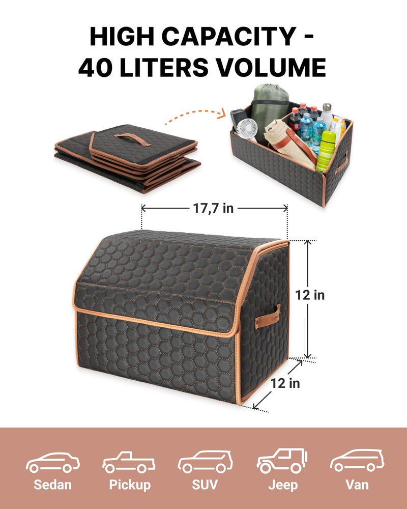 Owleys Sedan Trunk Organizer 17.7" Storage Tote For Groceries, Tools & Travel Gear - Foldable Eco-Leather Car Crate With Magnetic Lid | Stylish Presents For Drivers | Black-Brown (Hexy 17) - Image 4