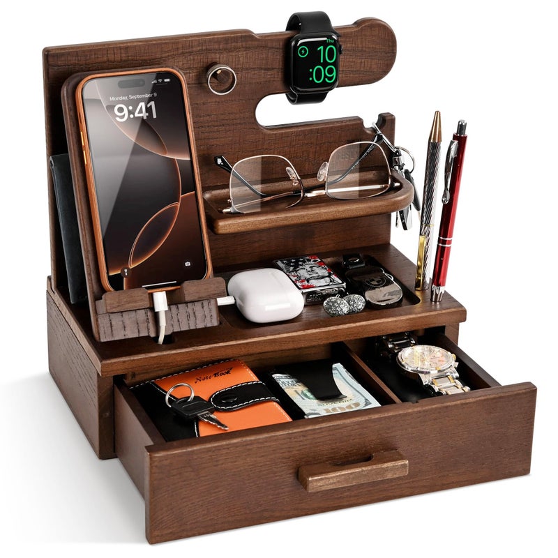 TESLYAR Wood Phone Docking Station with Drawer - Nightstand Organizer - Desk Organizer for Husband - Birthday Gifts for Men, Dad, Anniversary Idea, Key Holder Stand Watch & Accessories (Antique Brown) - Image 1